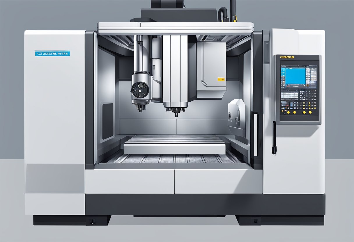 A 5-axis machining center with various components and intricate design details on a clean, modern work surface
