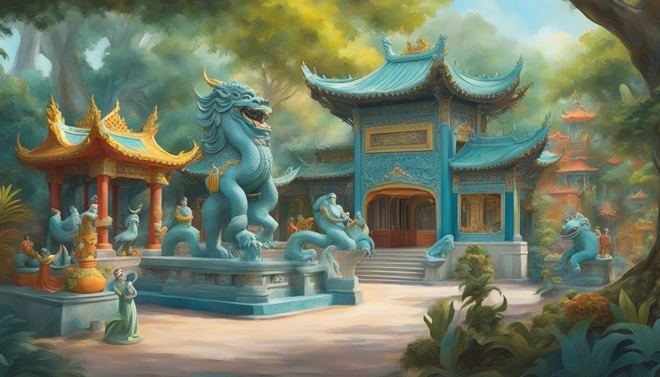 Vividly colored statues and intricate architectural details fill the vibrant landscape of Haw Par Villa, with a mix of mythical creatures and historical figures creating an exciting and immersive atmosphere