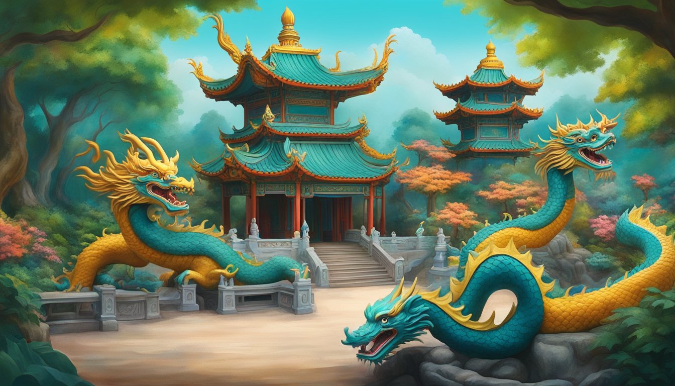 Vibrant statues and intricate dioramas depict mythical scenes at Haw Par Villa, with a looming dragon and colorful pavilions creating a captivating atmosphere