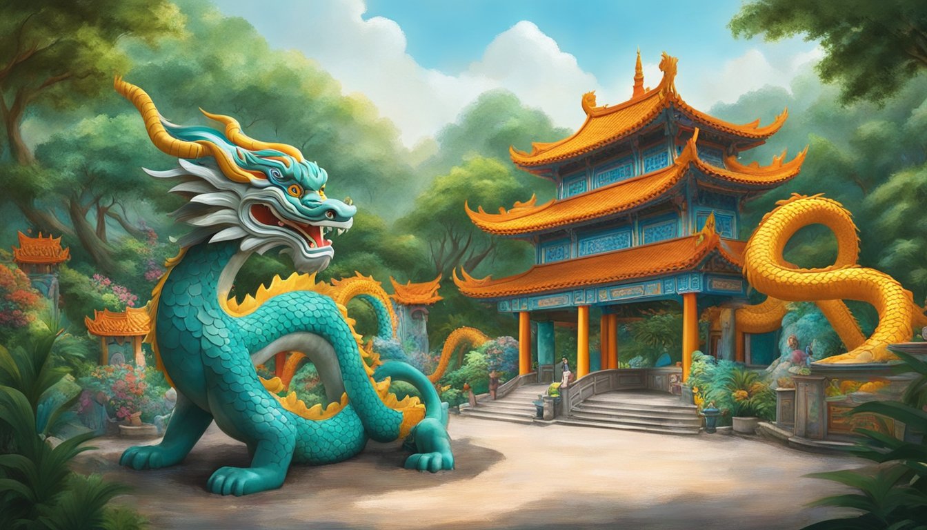 Vibrant signage welcomes visitors to Haw Par Villa, with colorful sculptures and lush greenery creating an inviting atmosphere. The iconic dragon and tiger statues stand proudly, evoking a sense of adventure and excitement