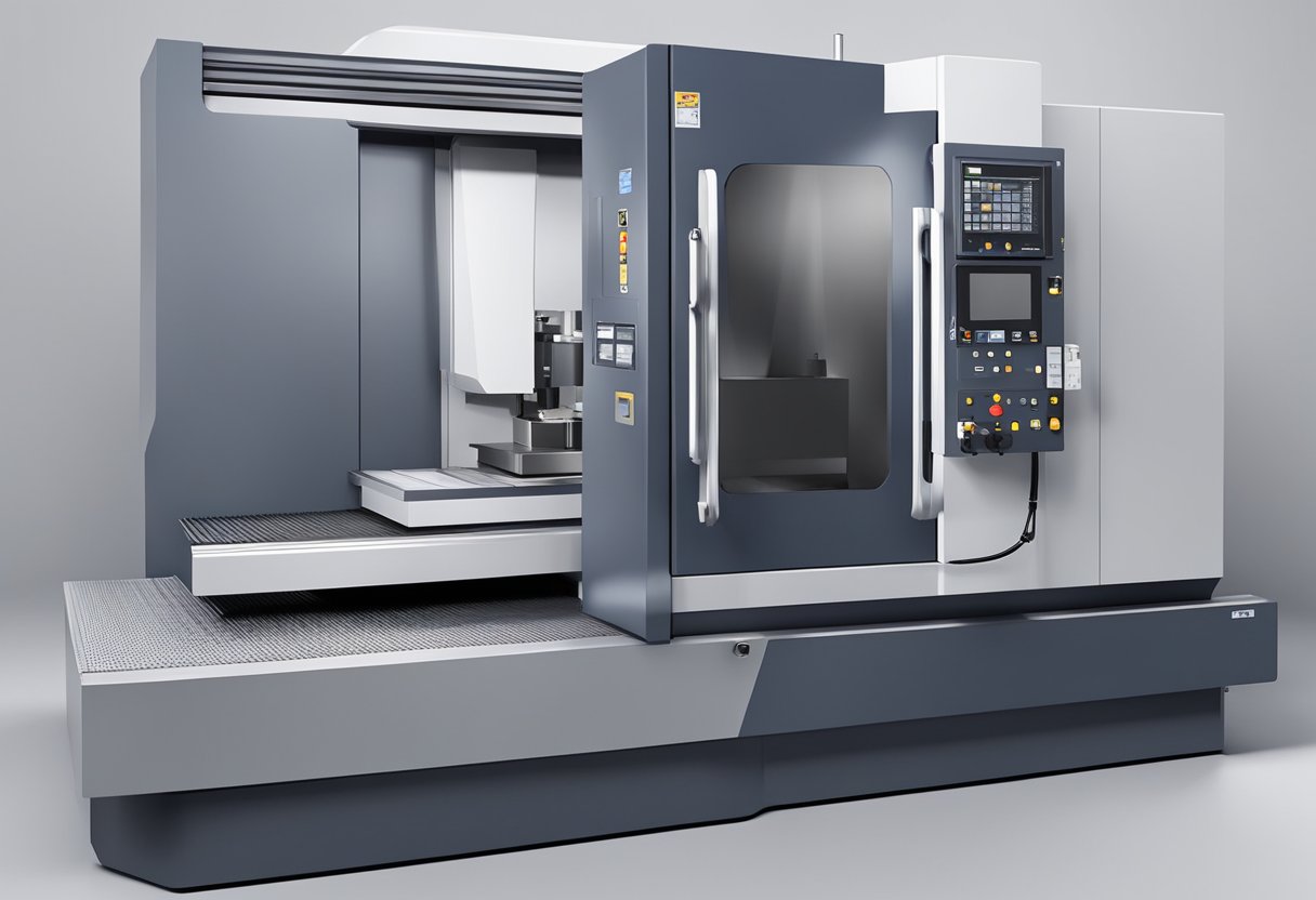 A 5 axis CNC machine in operation, cutting and shaping metal with precision. The machine's moving parts and control panel are visible