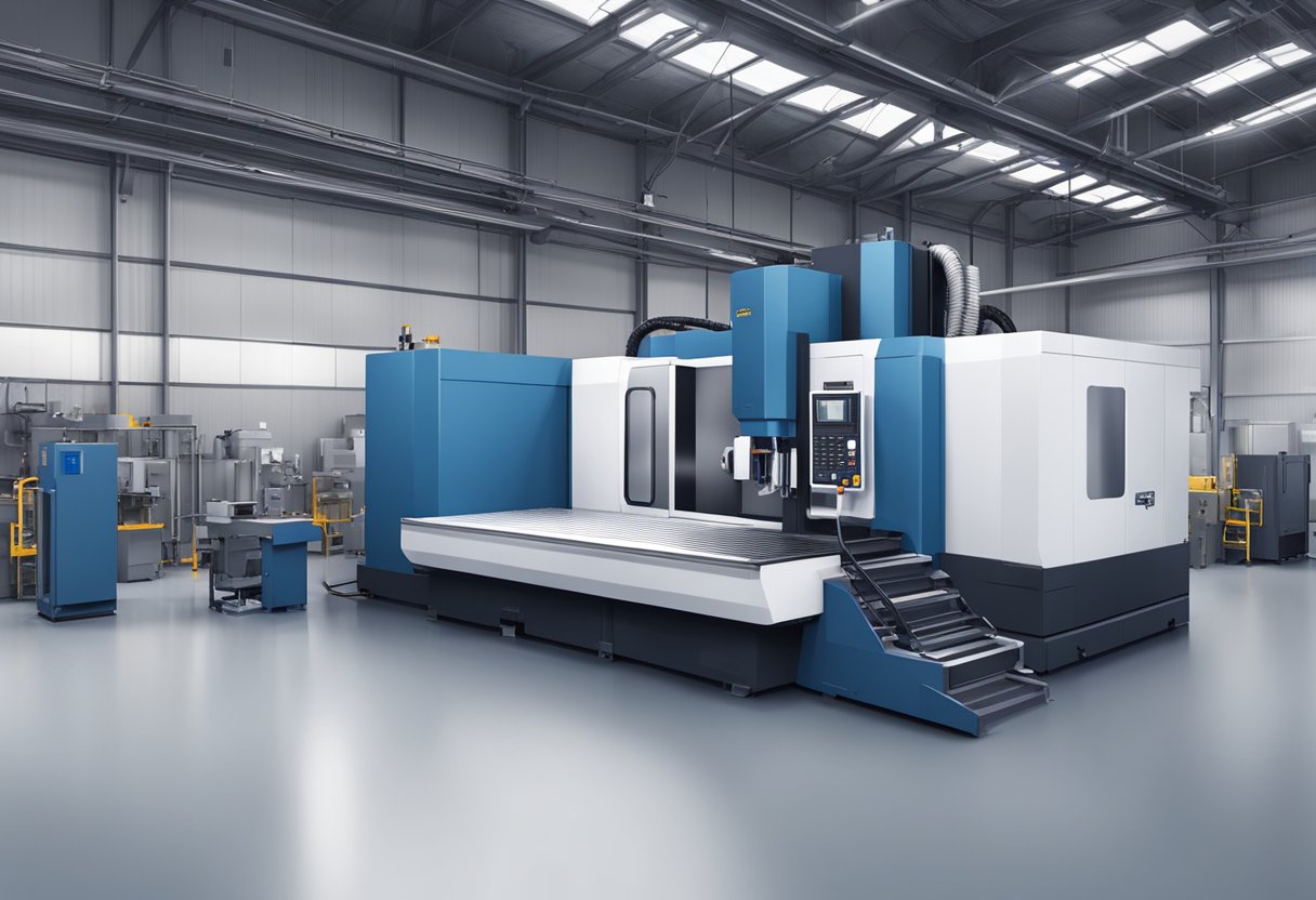 A large 5-axis machining center with metal workpieces, cutting tools, and coolant spray in a spacious industrial workshop