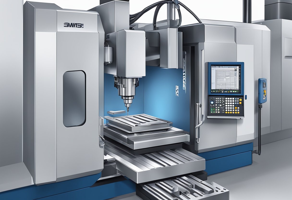 A 5-axis machining center with metal workpieces being precisely shaped and cut with high-speed rotating tools
