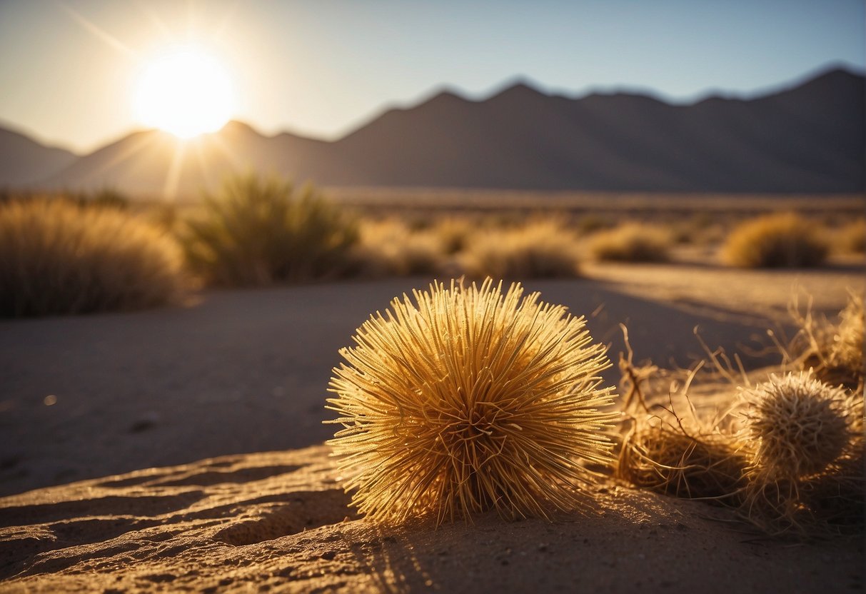 Golden sun sets over rugged mountains, casting long shadows on dusty plains. A lone tumbleweed rolls across the ghost town, its abandoned buildings echoing with the whispers of a bygone gold rush