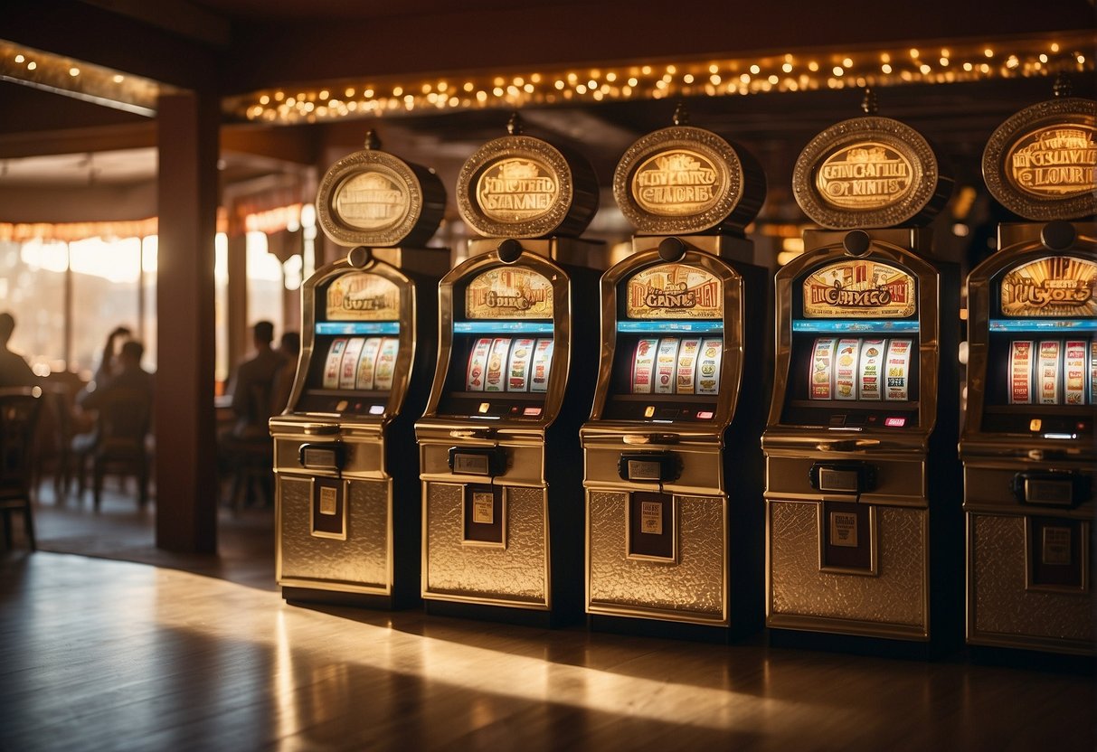 The dusty saloon doors swing open, revealing a row of slot machines adorned with gold accents. A tumbleweed rolls across the floor as the setting sun casts a warm glow over the scene