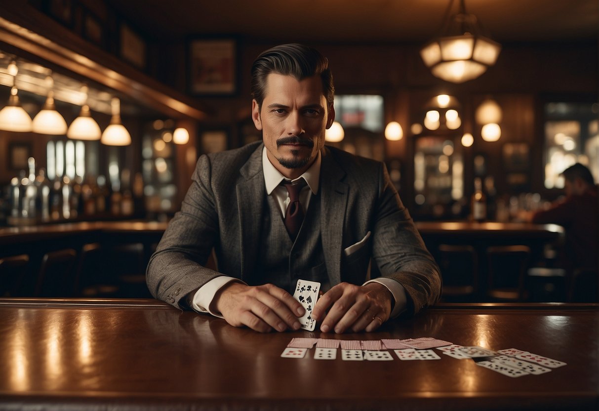 A dusty saloon with swinging doors, poker tables, and a player holding a hand of cards. A wanted poster hangs on the wall, and a bartender polishes glasses behind the bar