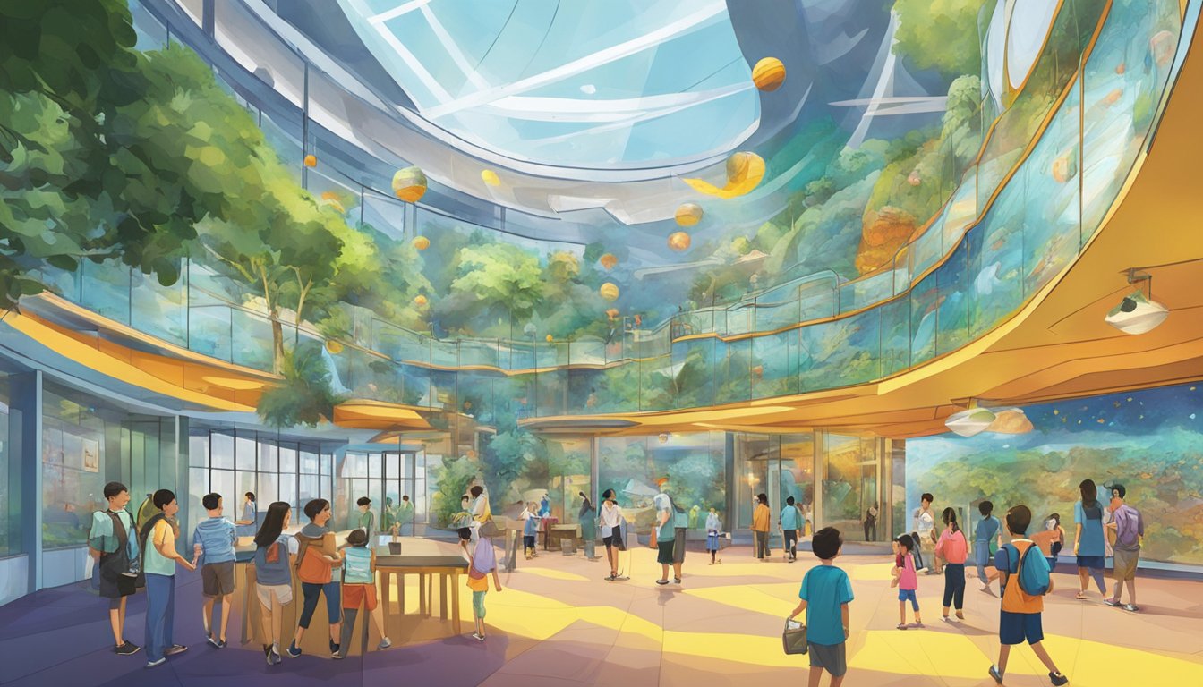 The Singapore Discovery Centre buzzes with energy as visitors explore interactive exhibits and immersive displays. The vibrant colors and dynamic atmosphere create a sense of excitement and wonder