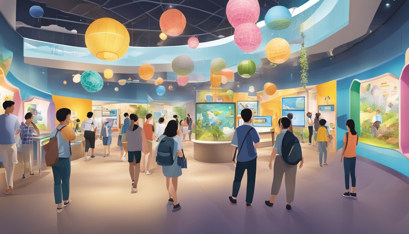 Visitors wander through interactive exhibits at the Singapore Discovery Centre, surrounded by colorful displays and engaging activities