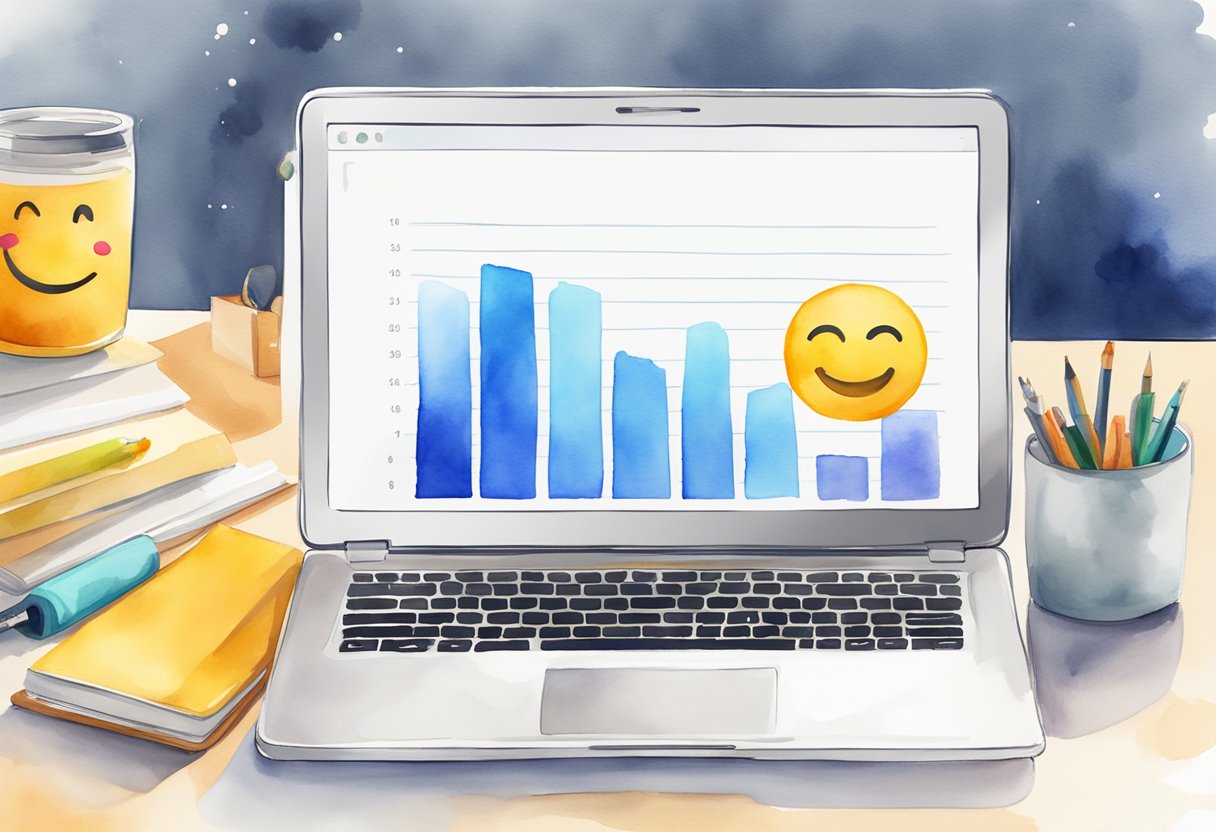 A laptop open to an Amazon sales estimator tool, with a graph showing increasing sales and a happy face emoji next to it