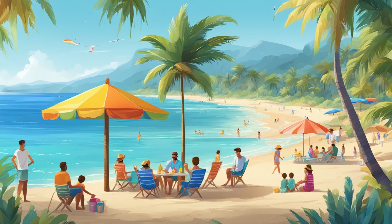 A vibrant beach scene with palm trees, white sandy shores, and clear blue waters. Colorful beach umbrellas and families enjoying picnics and water sports