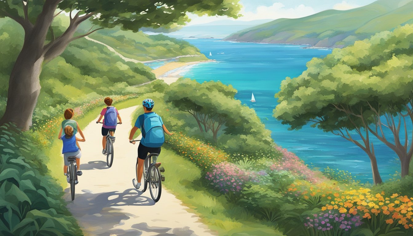 A winding coastal trail cuts through lush greenery, with glimpses of the sparkling sea beyond. Bicycles and joggers dot the path, while families enjoy picnics on the grassy areas