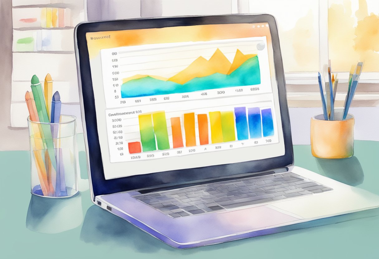 A laptop displaying a graph of product categories with a sales estimator tool open on the screen