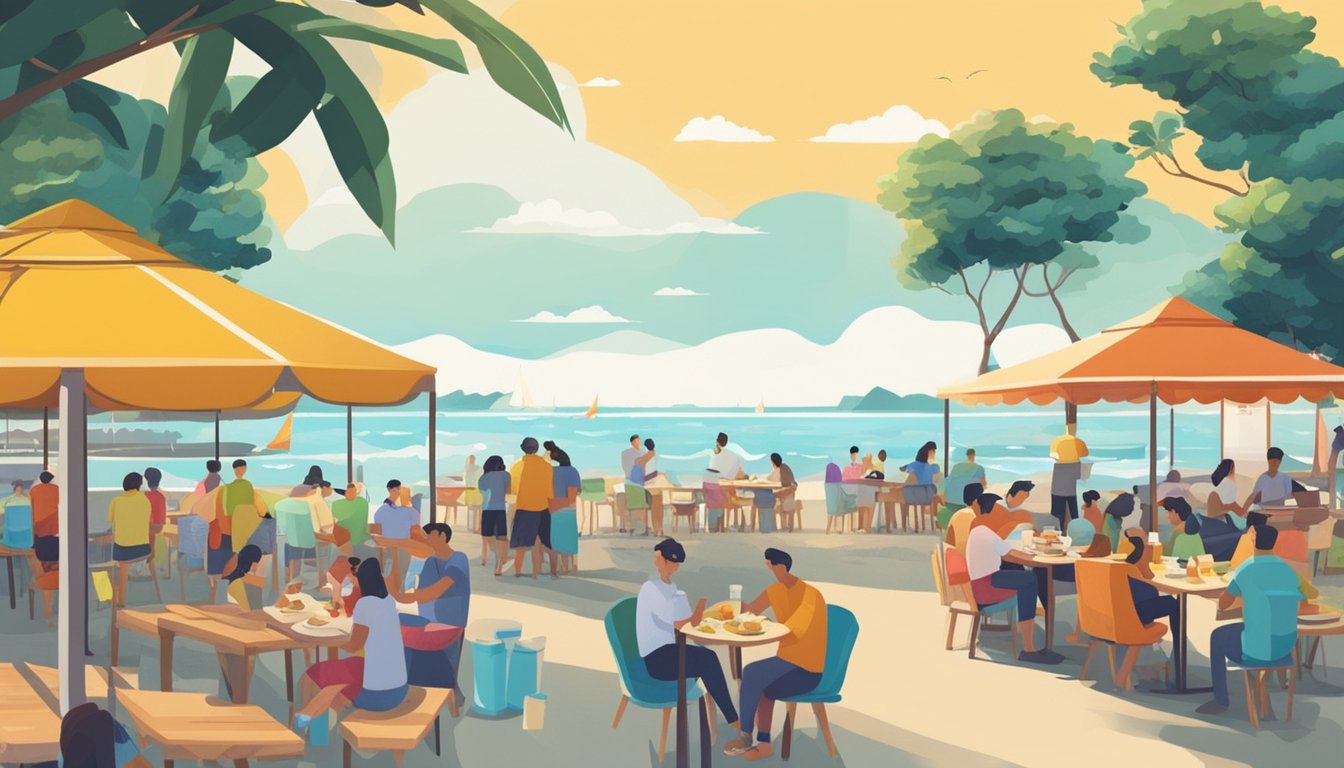 People enjoying dining and refreshments at East Coast Park. Colorful food stalls and picnic tables along the coastline. Waves crashing in the background