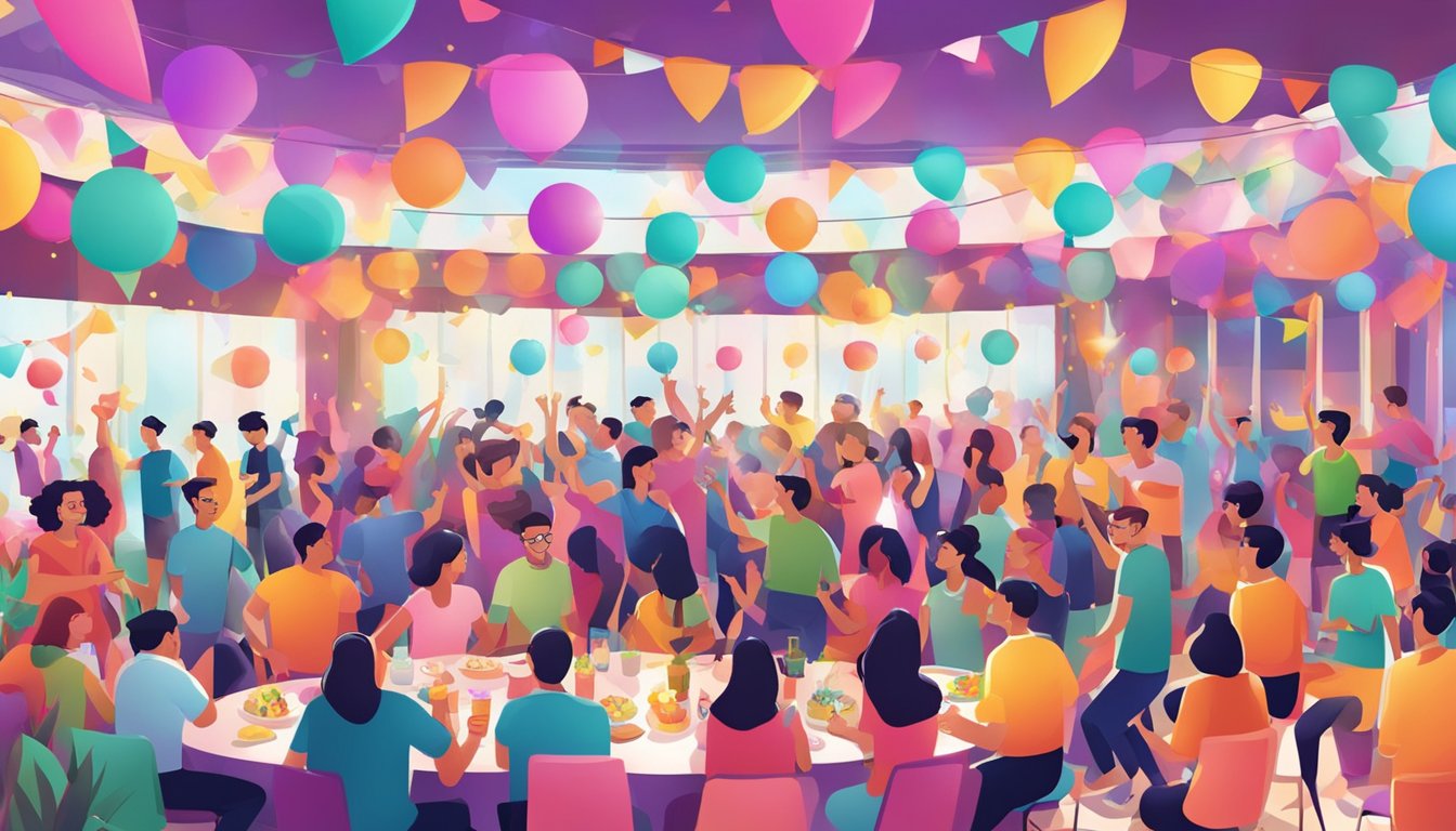 A vibrant event space at East Coast Park, with people gathered in joyful celebration, surrounded by colorful decorations and lively entertainment