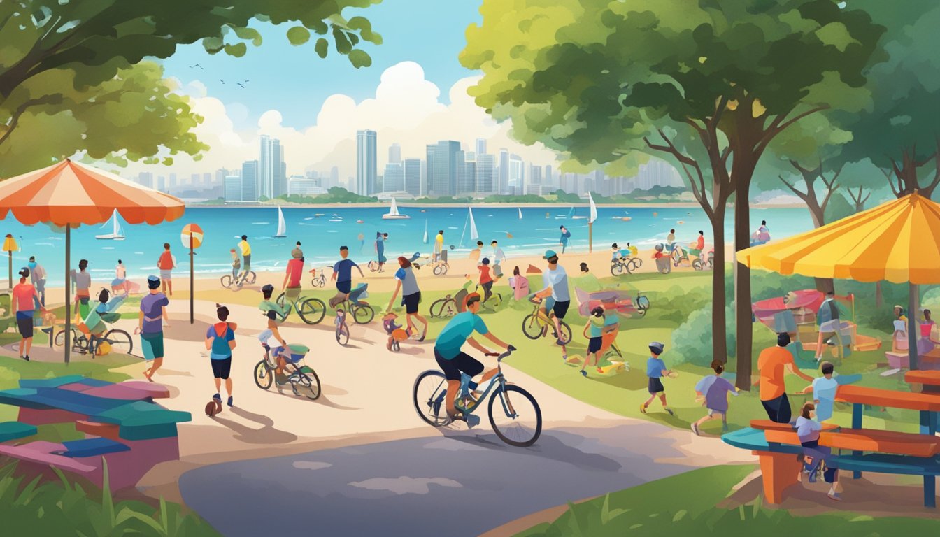 A bustling East Coast Park with cyclists, joggers, and families enjoying the seaside. Brightly colored playgrounds and picnic areas dot the landscape