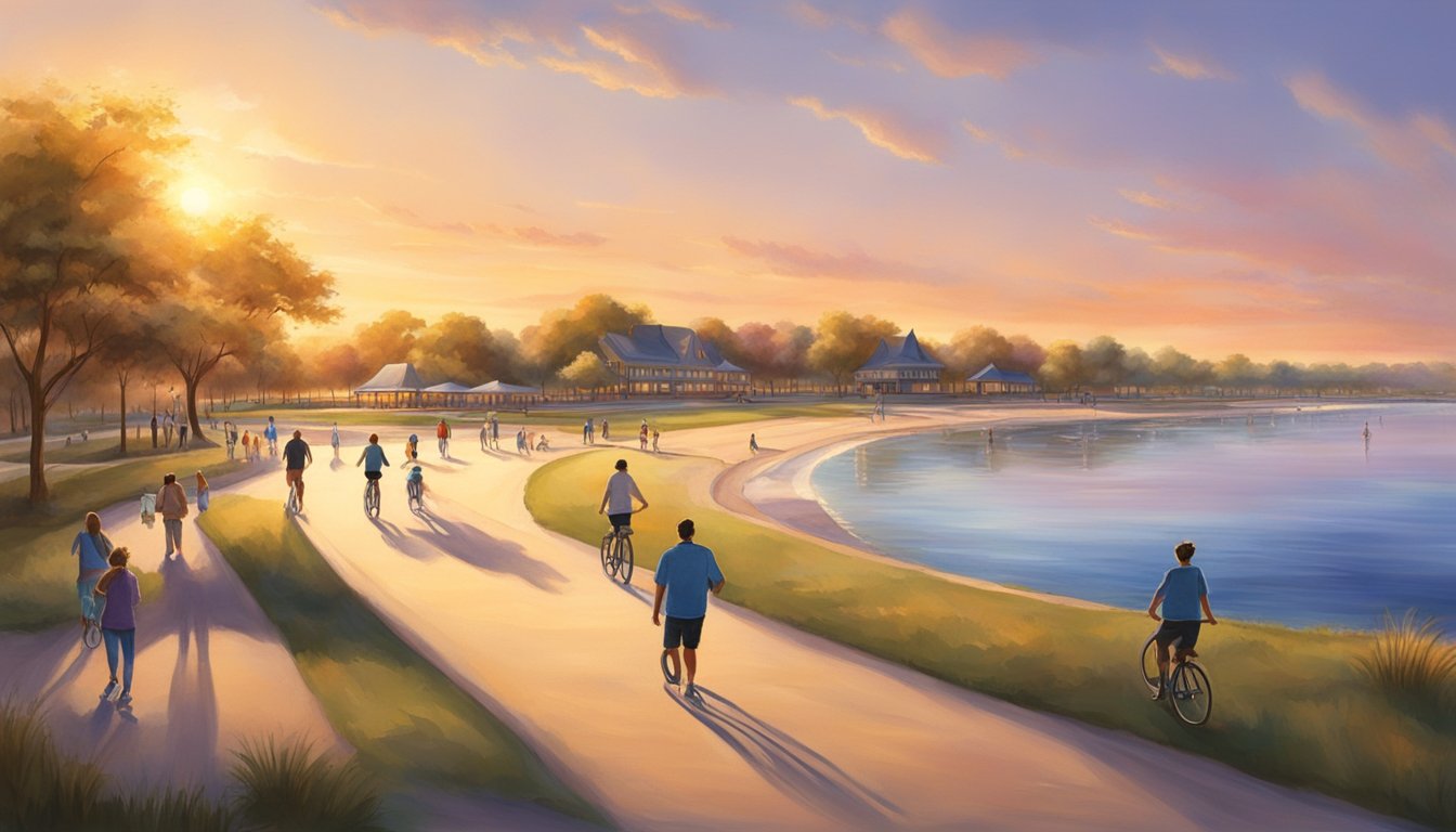 Visitors stroll along the sandy shore, while others cycle or skate on the paved paths. The sun sets over the calm waters, casting a warm glow on the park's vibrant atmosphere