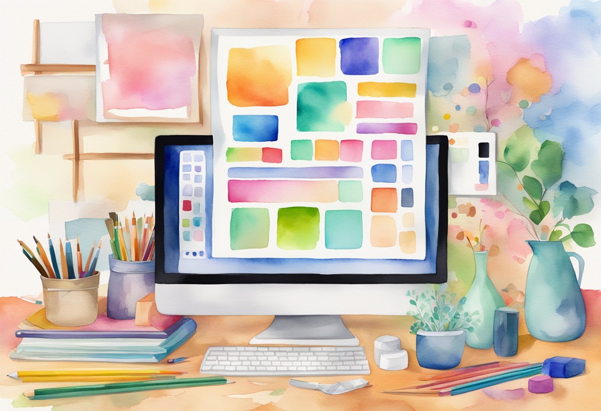 A computer screen with a colorful "Etsy Tag Generator" interface open, surrounded by various art supplies and craft materials