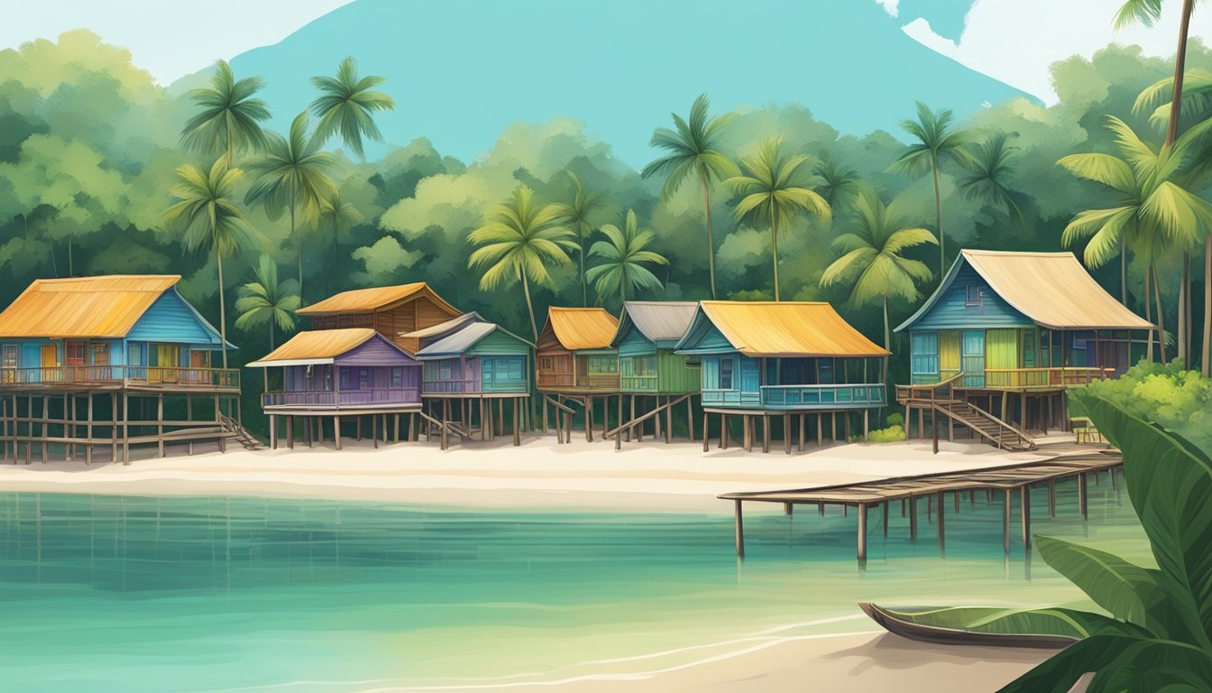 A serene beach with crystal clear waters, surrounded by lush greenery and towering coconut trees. A colorful array of traditional wooden houses line the shore, adding to the rustic charm of Pulau Ubin