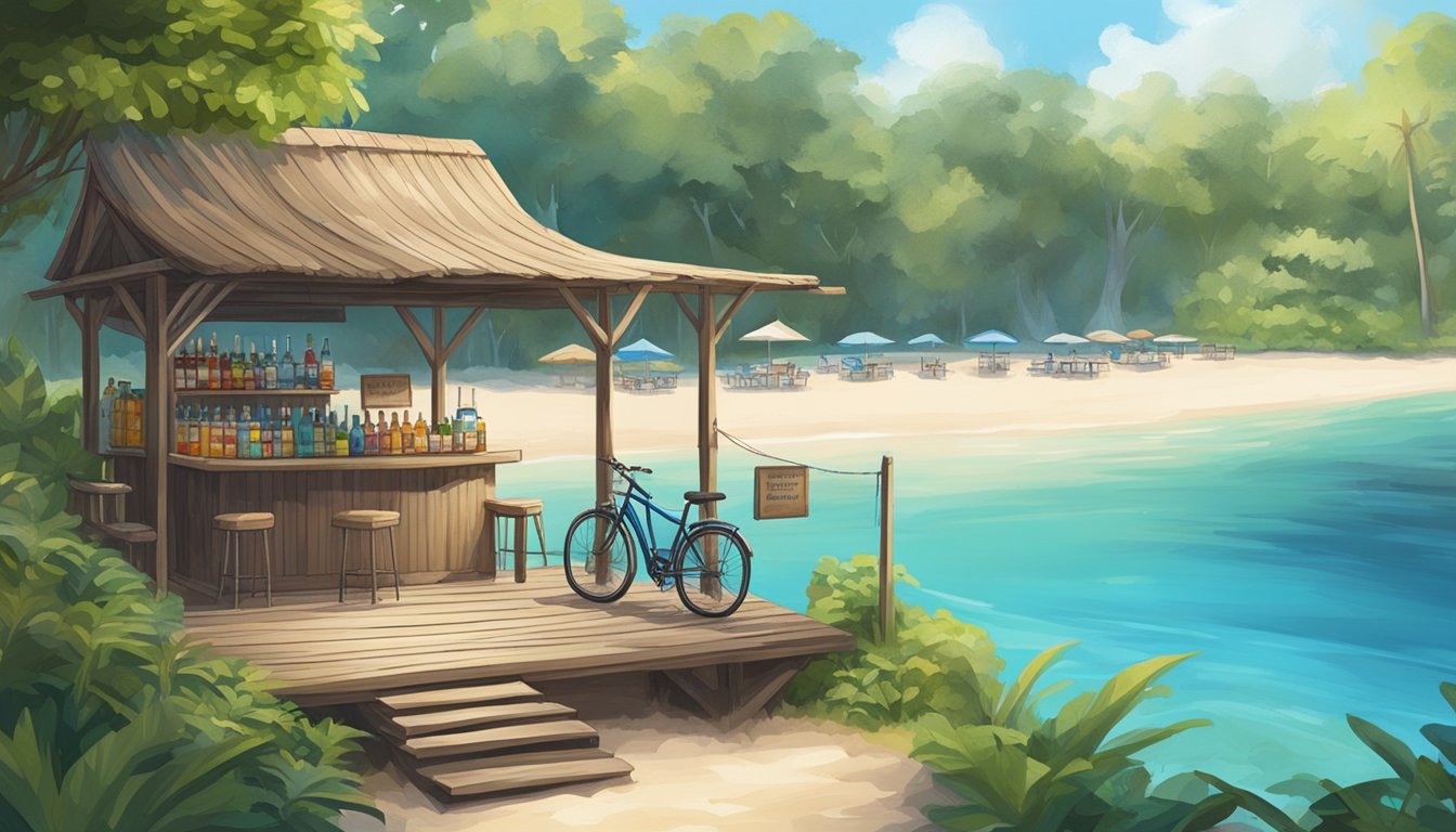 A serene beach with clear blue waters, surrounded by lush greenery and a rustic wooden boardwalk. A small kiosk offers refreshments, while bicycles and kayaks are available for rent