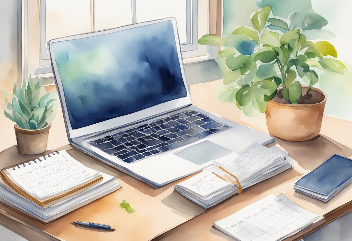 A desk with a laptop, a stack of books, and a plant. A calendar with marked dates and a chart showing growth