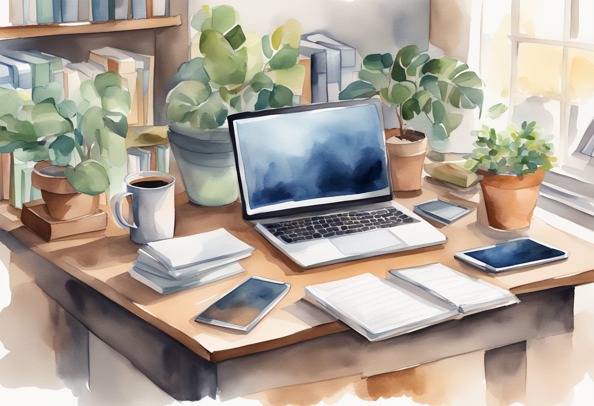 A desk with a computer, tablet, and smartphone surrounded by books, a plant, and a mug of coffee. A calendar and to-do list are visible on the wall