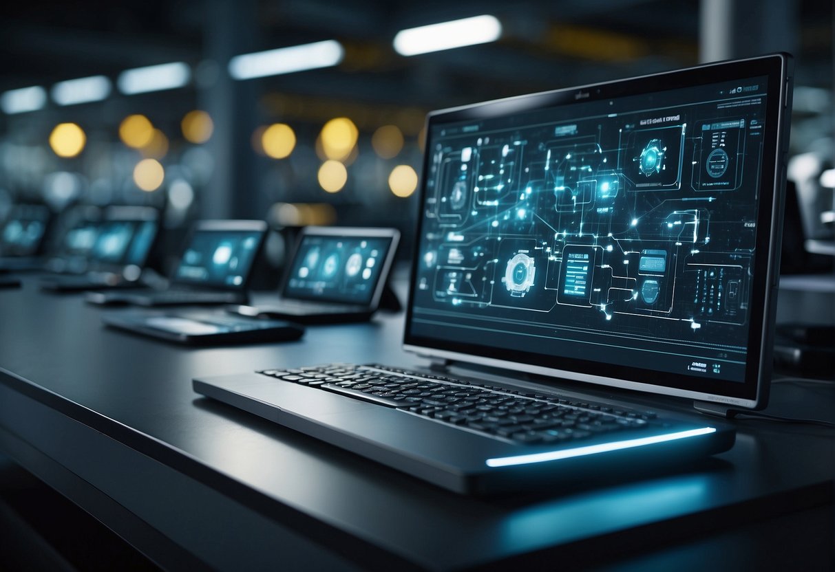 A network of interconnected machines and devices in a futuristic factory setting, with data streaming between them, representing Industry 4.0 and the Internet of Things (IoT)