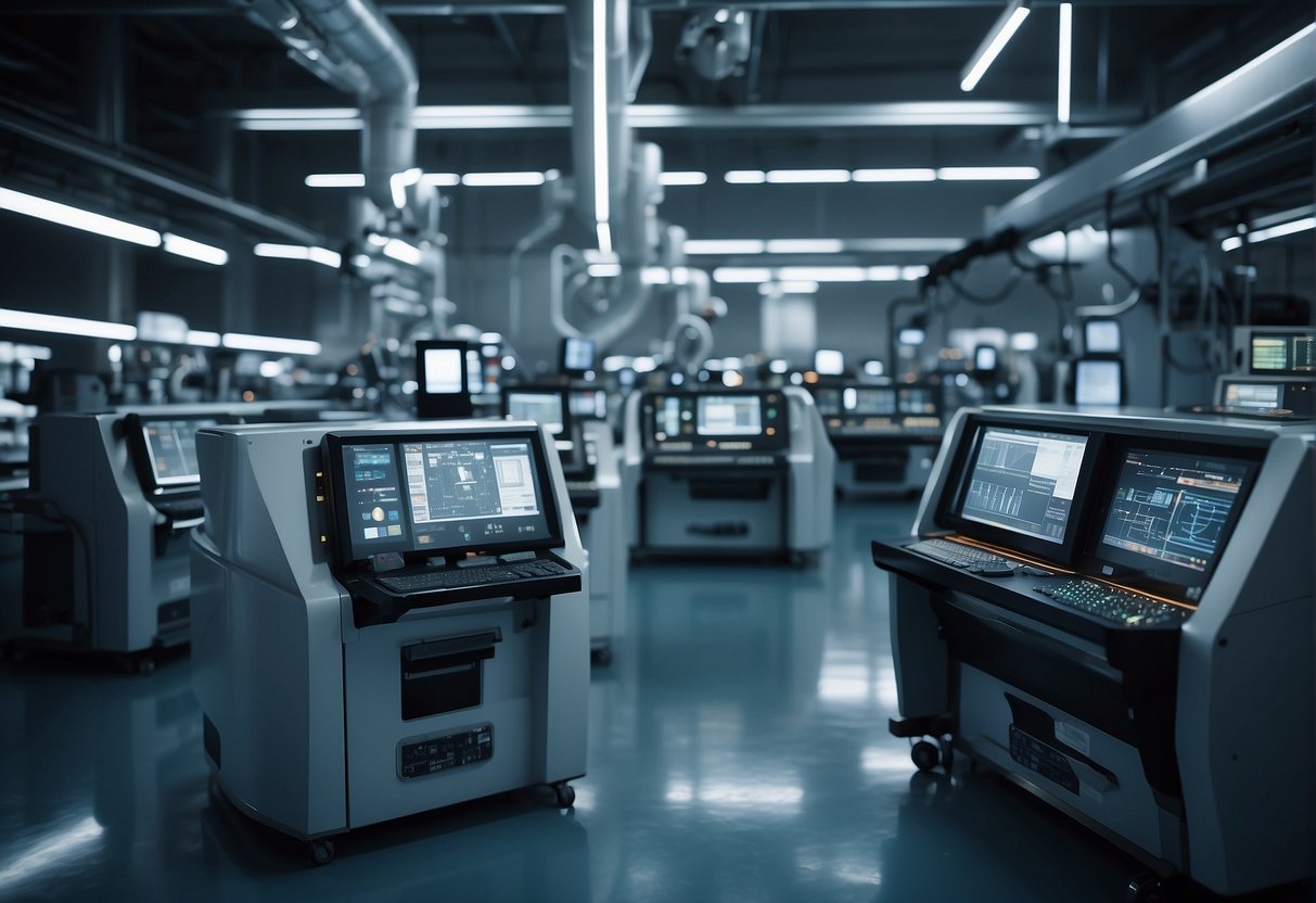 Machines in a futuristic factory are interconnected, exchanging data and communicating with each other, while sensors monitor and optimize the production process