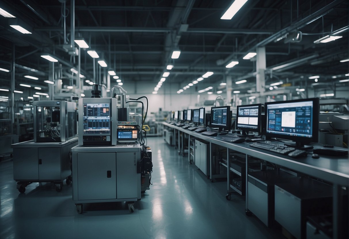 A factory floor with machines connected to IoT devices, allowing for real-time customization based on consumer interaction