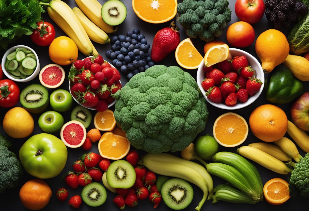 A colorful array of fruits and vegetables arranged in a vibrant display, showcasing the seven main food groups for a healthy diet