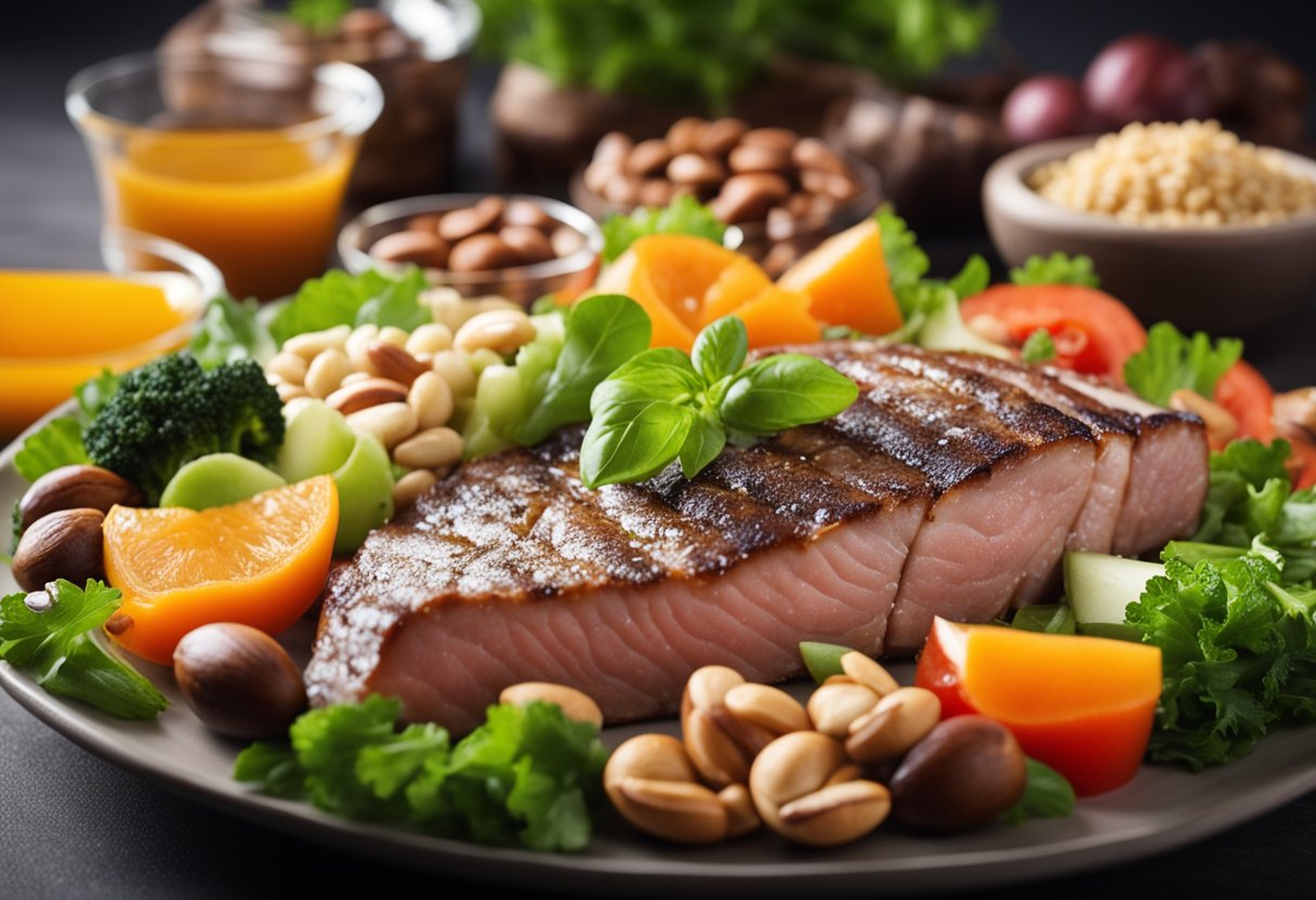 A colorful plate with portions of meat, fish, dairy, legumes, nuts, grains, and vegetables