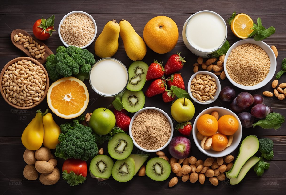 A table with 7 food groups: fruits, vegetables, grains, protein, dairy, fats, and sugars. Each group represented by various food items