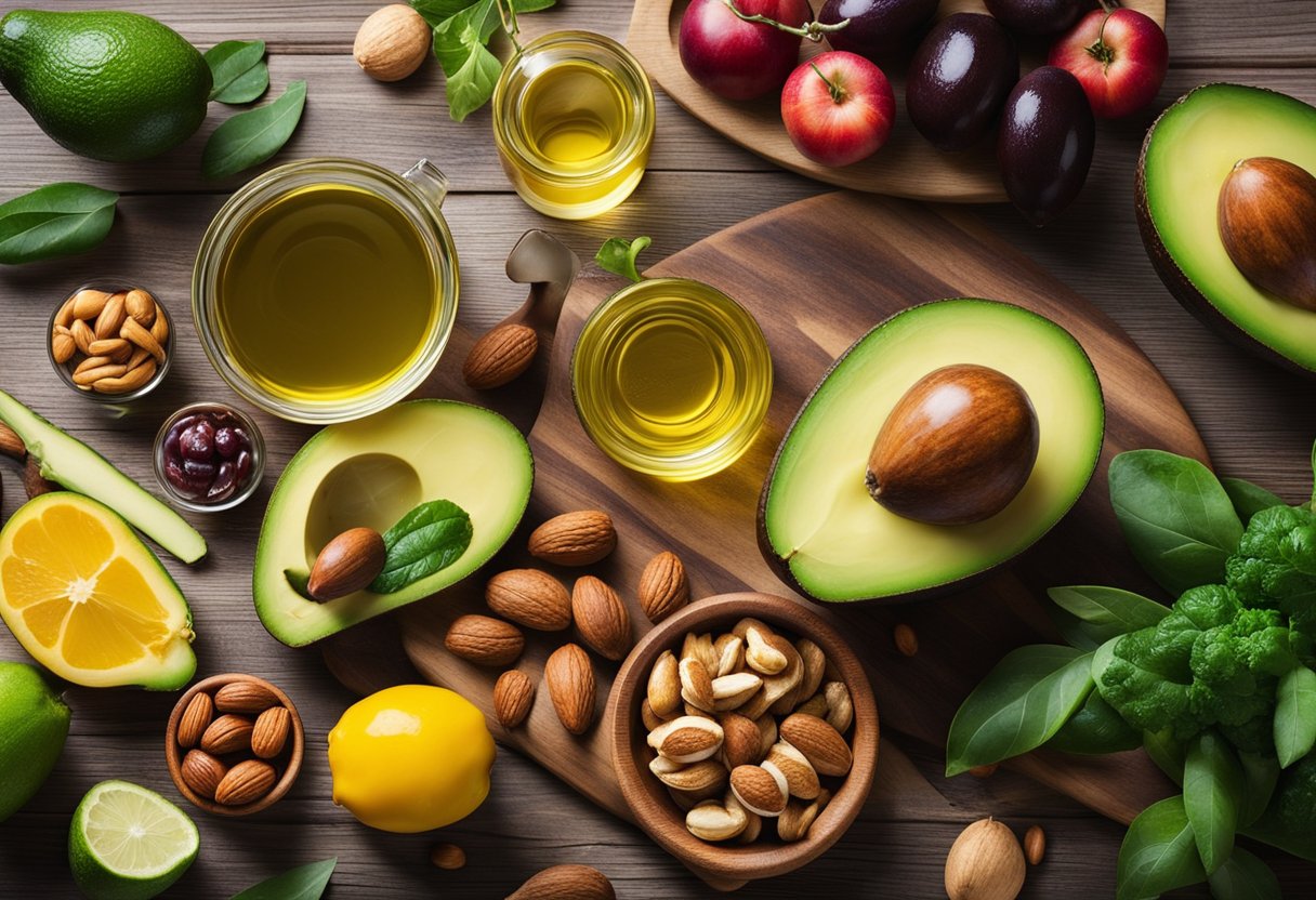 A colorful array of fats and oils, including avocados, nuts, and olive oil, are arranged on a wooden cutting board, surrounded by vibrant fruits and vegetables