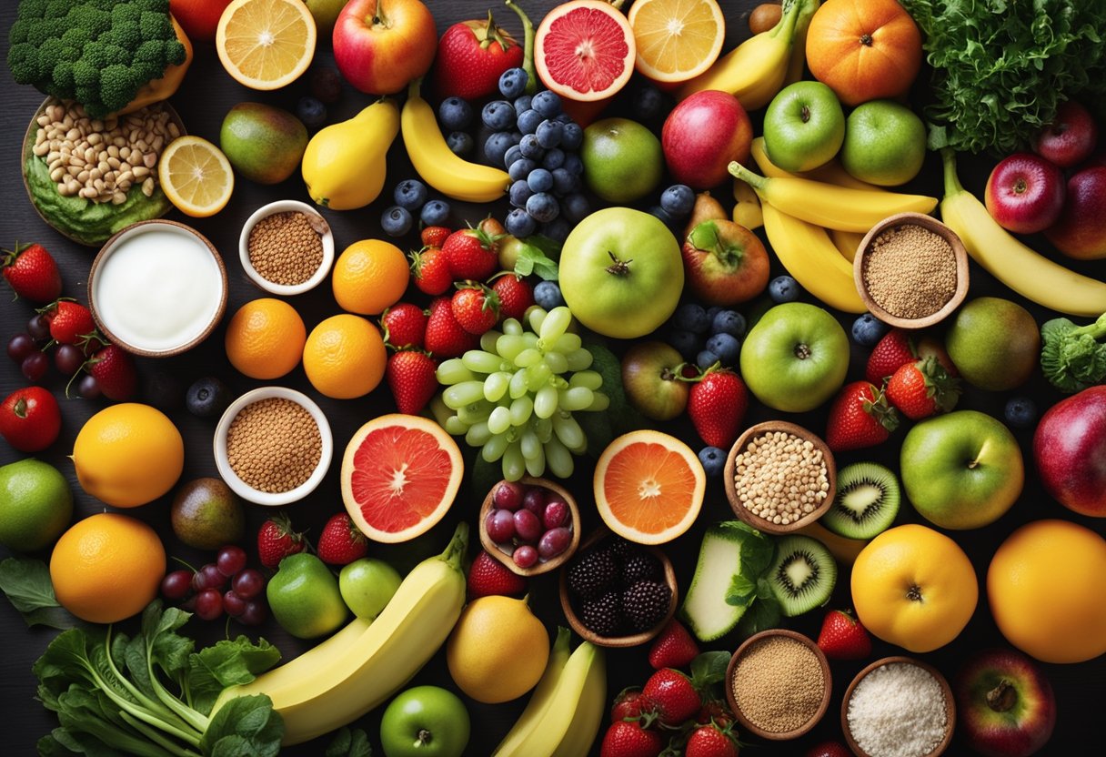 A colorful array of fruits, vegetables, grains, proteins, dairy, fats, and sugars arranged on a table