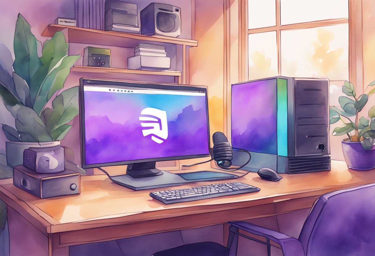 A computer desk with a microphone, webcam, and gaming console. A chat window shows active engagement with viewers. Twitch affiliate logo displayed prominently