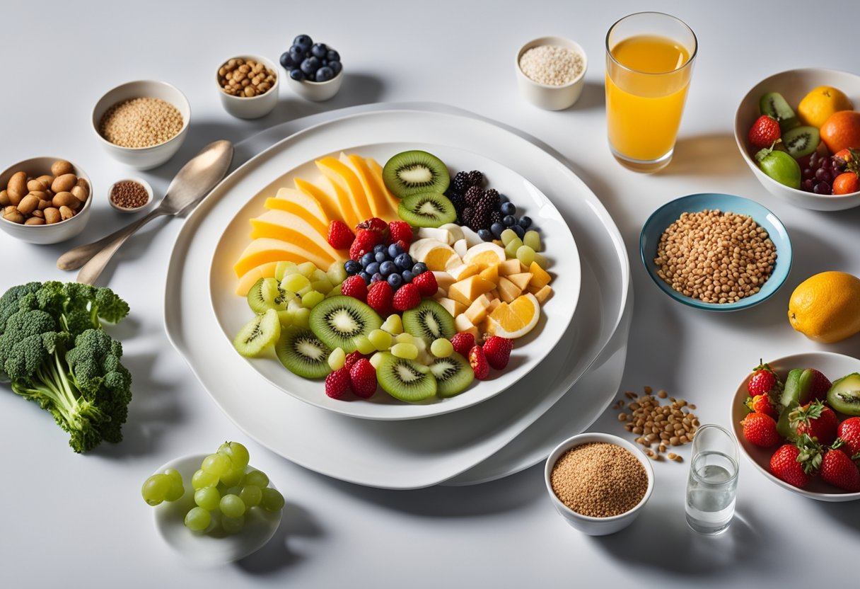 A colorful plate filled with a variety of fruits, vegetables, whole grains, and lean proteins, with a glass of water on the side