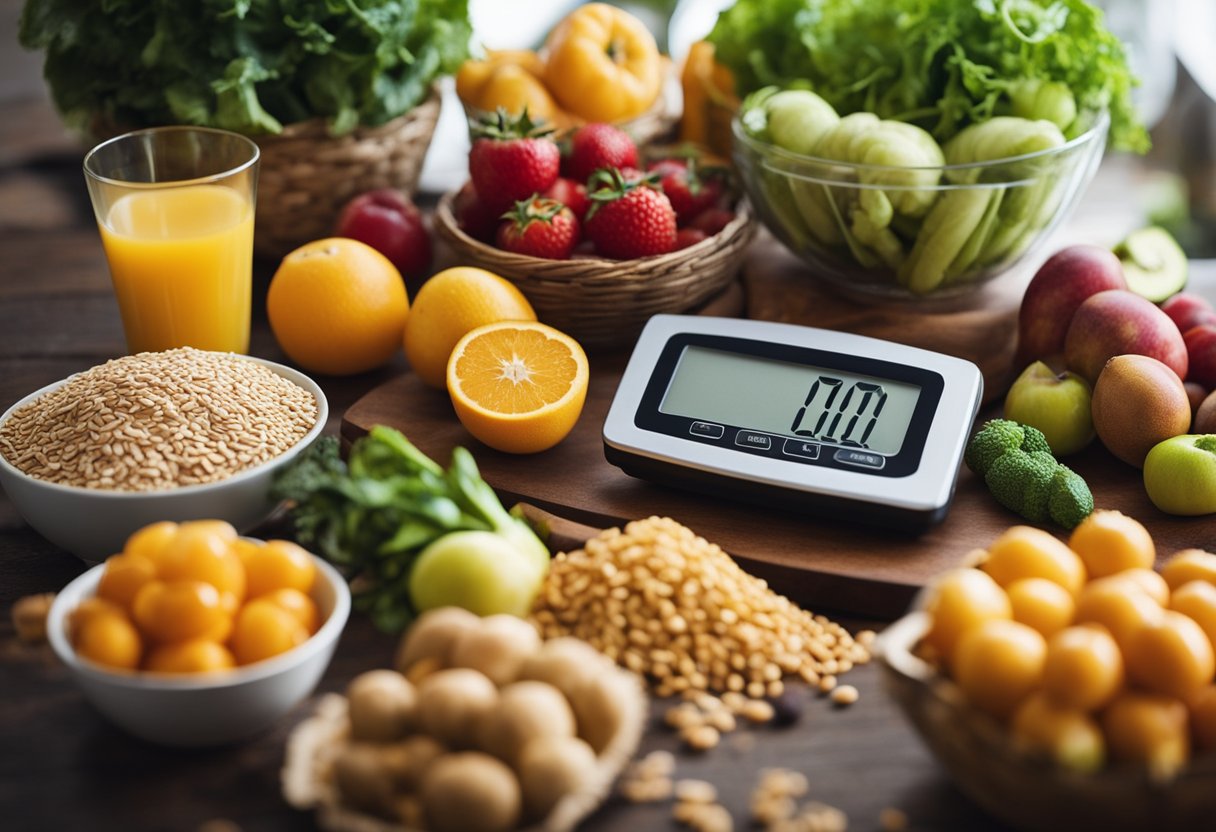 A table with fresh fruits, vegetables, and whole grains. A scale and measuring tape nearby. A person choosing healthy options over junk food