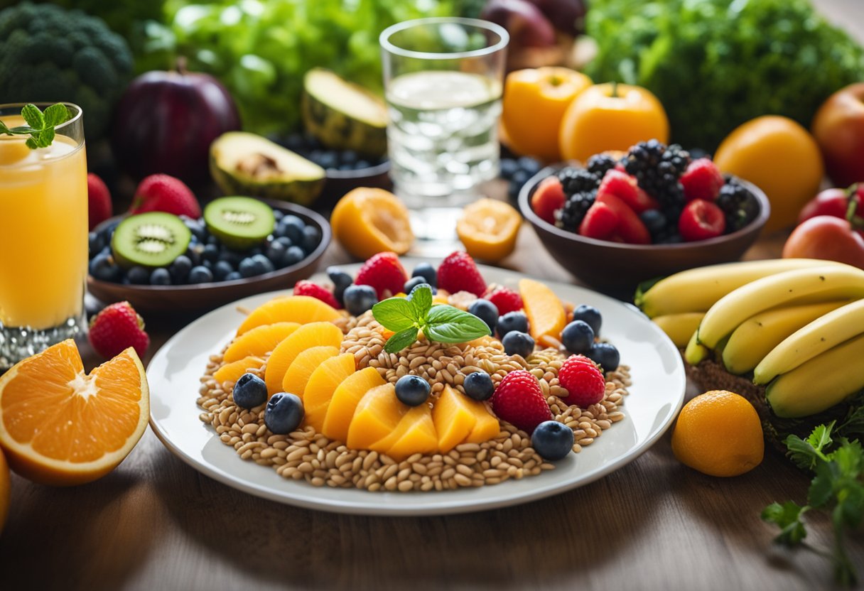 A colorful array of fresh fruits, vegetables, and whole grains arranged on a table, with a glass of water and a plate of lean protein