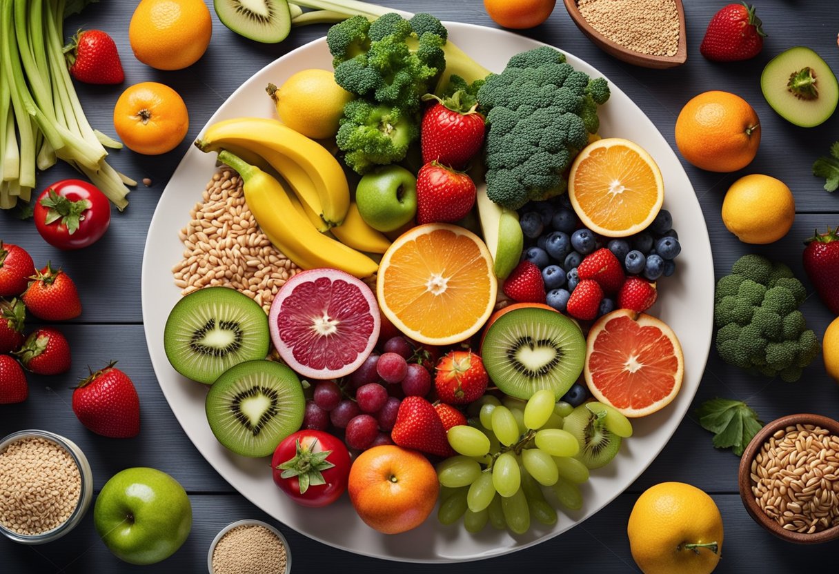 A colorful plate with a variety of fruits, vegetables, whole grains, and lean proteins, surrounded by a tape measure, scale, and a heart rate monitor