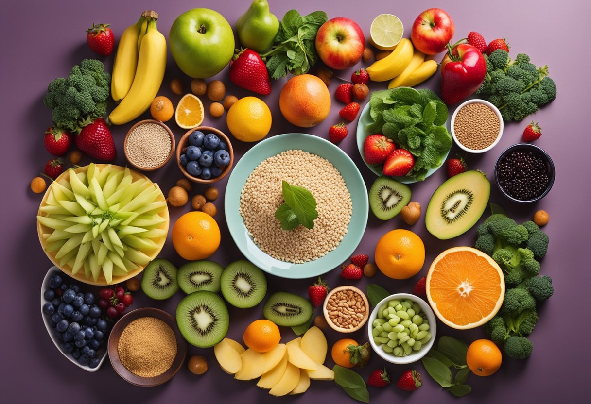 A colorful plate with a variety of fruits, vegetables, whole grains, and lean proteins, surrounded by vibrant and healthy food options