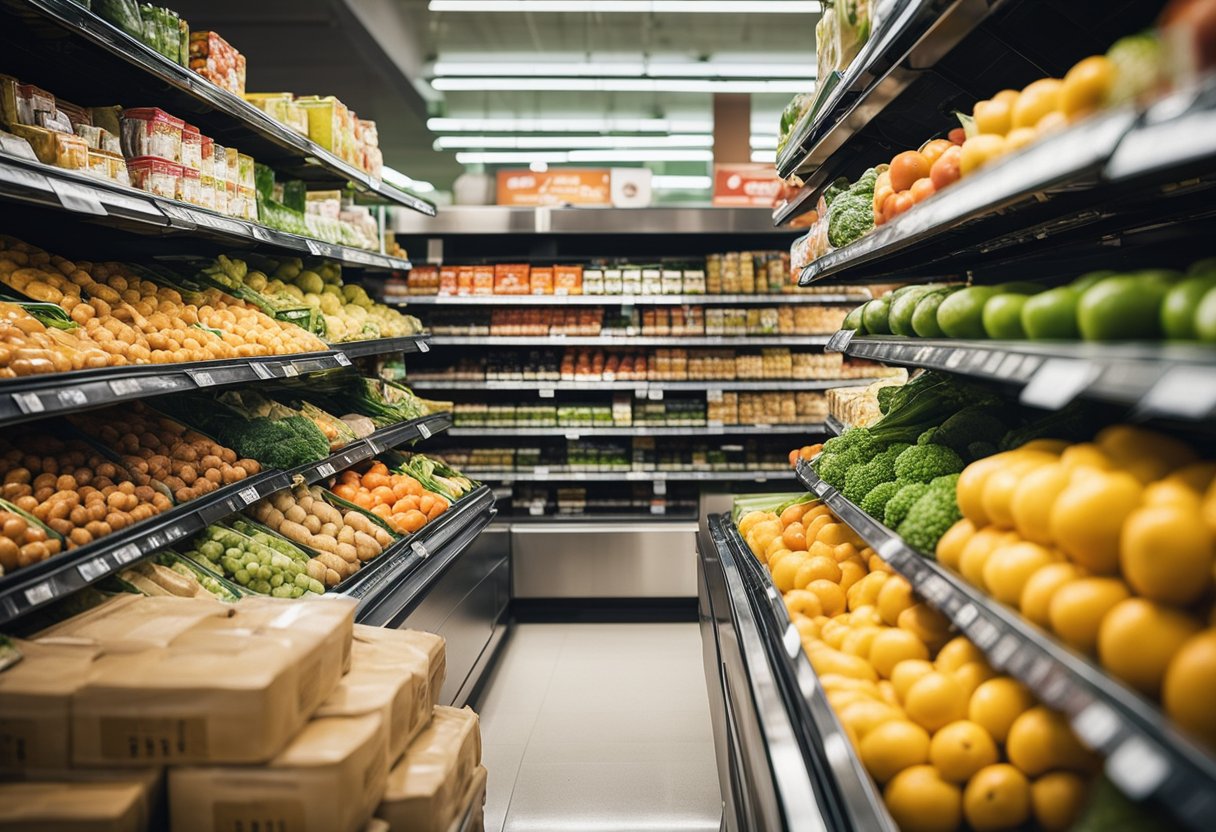 Various processed foods in a grocery store aisle. Fresh produce contrasts with packaged, processed items. A nutrition label highlights the impact of food processing on diet and health