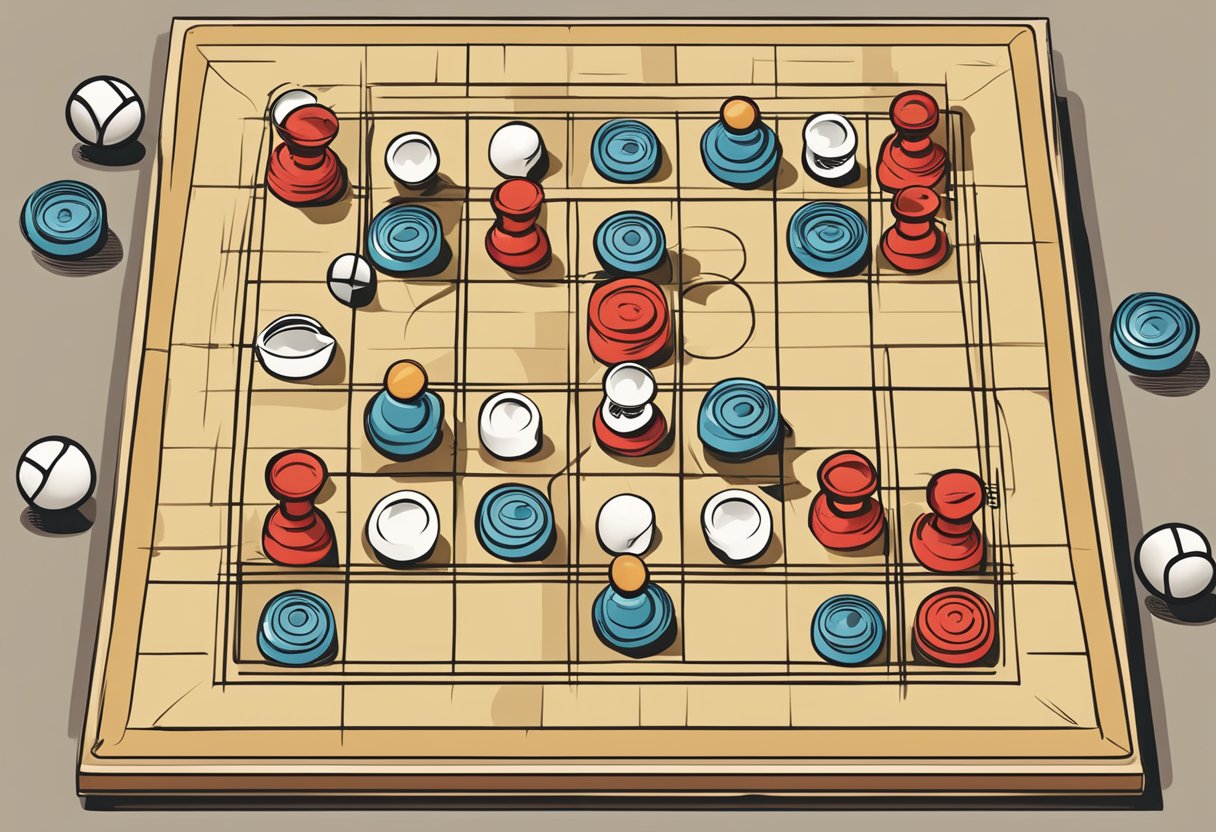 A game board with Footy Tic Tac Toe grid, surrounded by strategic game pieces