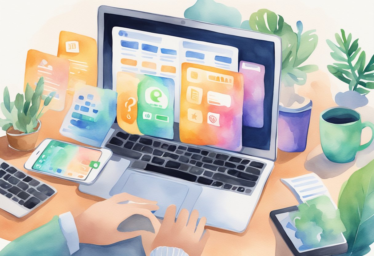 A person typing on a laptop with various gig economy platforms and side hustle apps open on the screen. A smartphone sits next to the laptop, displaying notifications from different gig apps