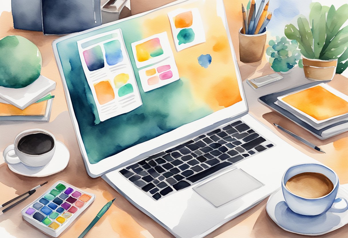 A laptop with various side hustle apps open, surrounded by art supplies and a cup of coffee