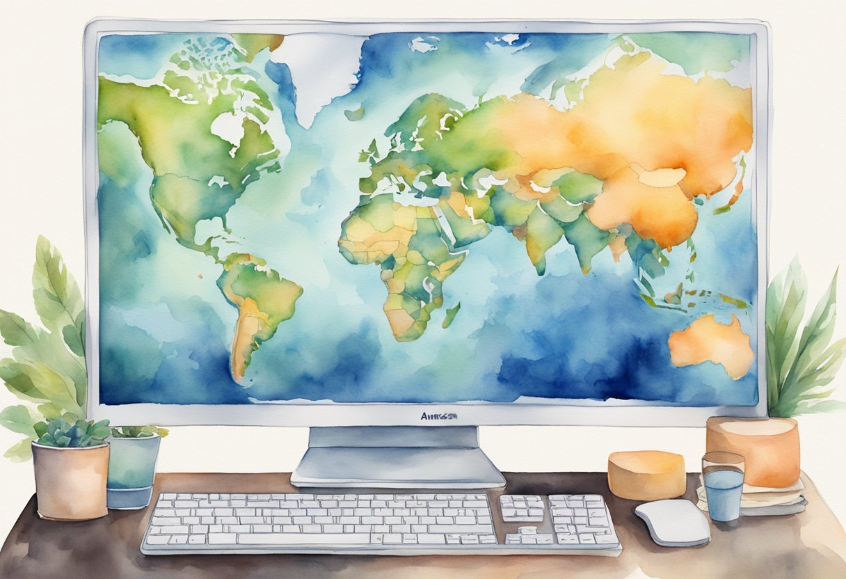 A computer screen displaying Amazon's global marketplaces with arrows pointing to various countries