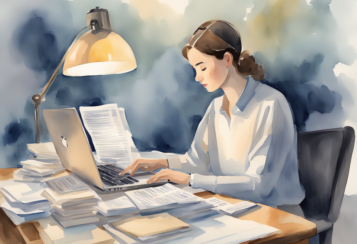 A person typing on a laptop with a stack of newsletters beside them. A desk lamp illuminates the workspace