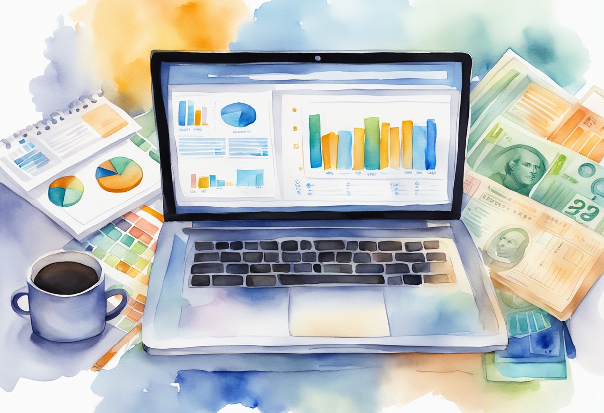 A laptop surrounded by various financial charts and graphs, with a newsletter titled "Monetization Strategies" open on the screen