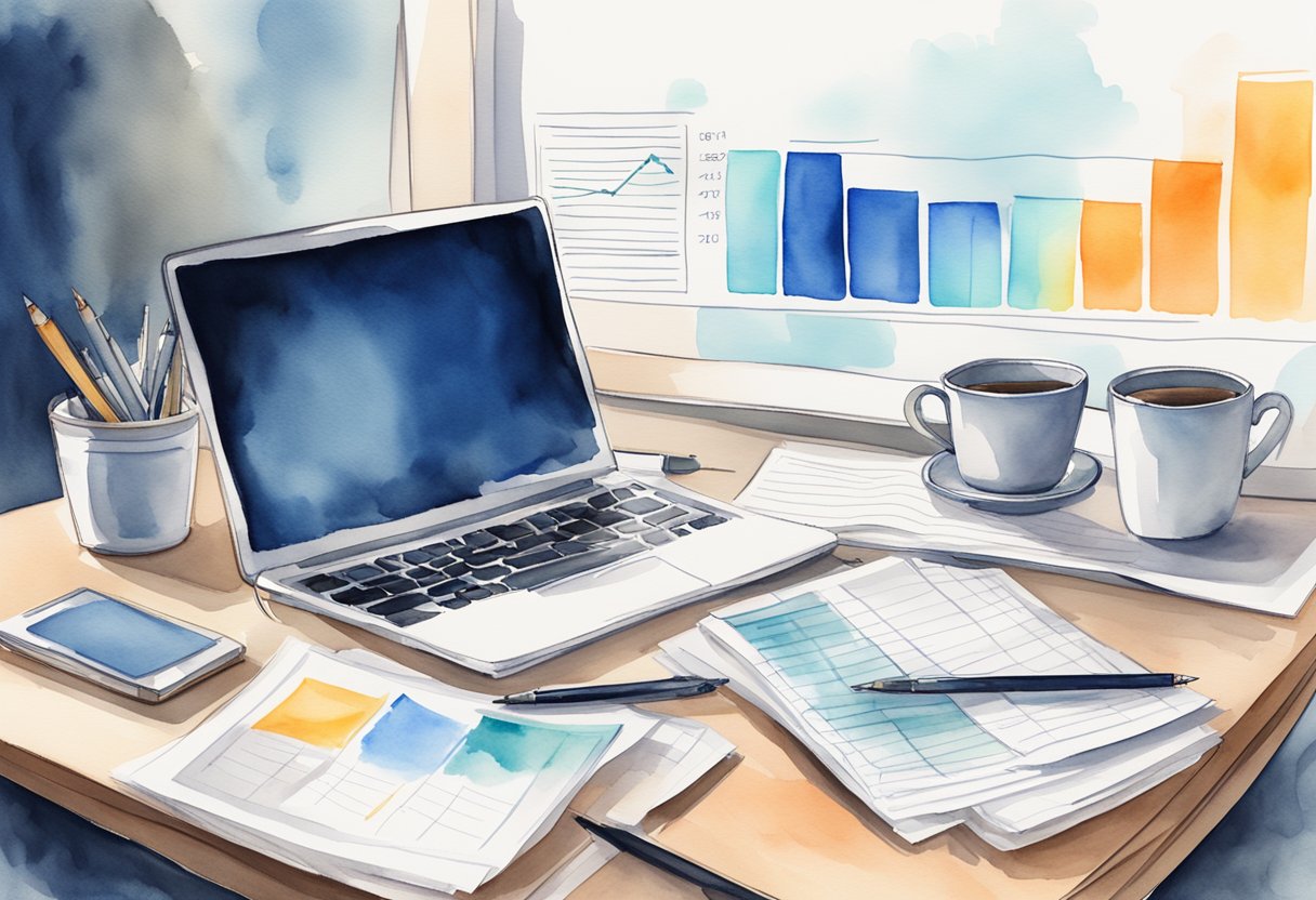 A desk with a laptop, notebook, and pen. A chart showing growth and success metrics. A stack of newsletters ready to be distributed