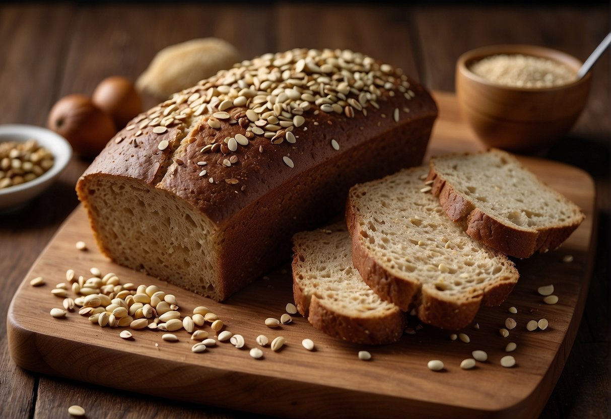 A loaf of Carbonaut keto bread sits on a wooden cutting board, surrounded by scattered seeds and nuts. A nutrition label is prominently displayed, detailing the bread's nutritional information