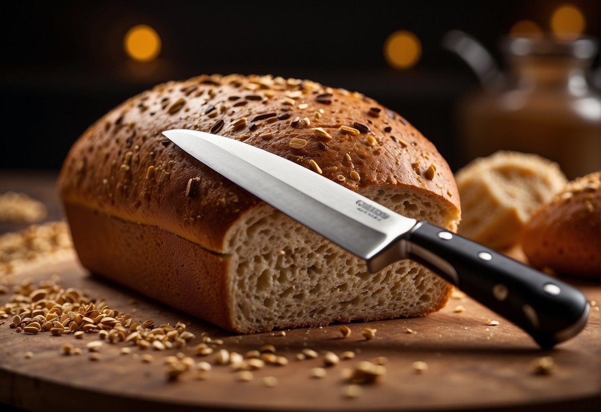 A loaf of carbonaut keto bread sits on a wooden cutting board, surrounded by scattered crumbs. A knife is positioned nearby, ready to slice into the bread