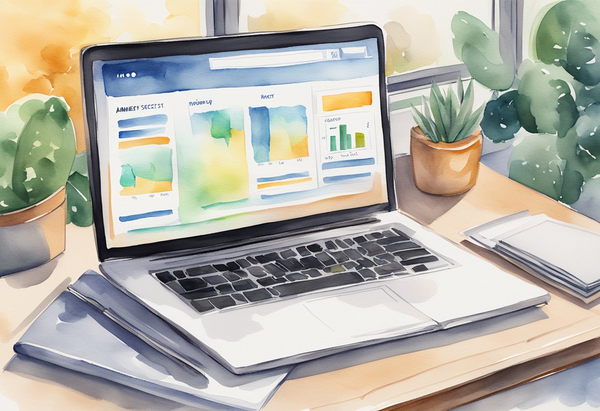 A laptop displaying Amazon's affiliate program dashboard with dollar signs and a book titled "Amazon Money Secrets" on a desk